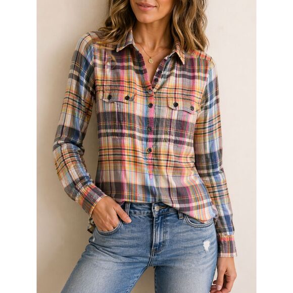 GAP Tops - Gap Plaid Popover Shirt S Multicolor 100% Cotton Half Button Top Cinched Sleeve